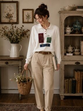 Vintage Alfred Dunner Cream Collared Long-Sleeve Shirt with Floral Patchwork - L